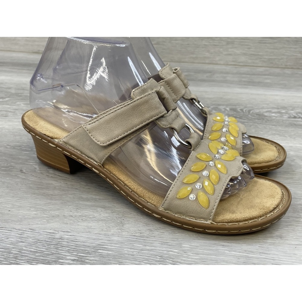 Rieker Women's Sandal Heel‎ Brown Leather 6.5 Embroidered Slide Casual Comfort